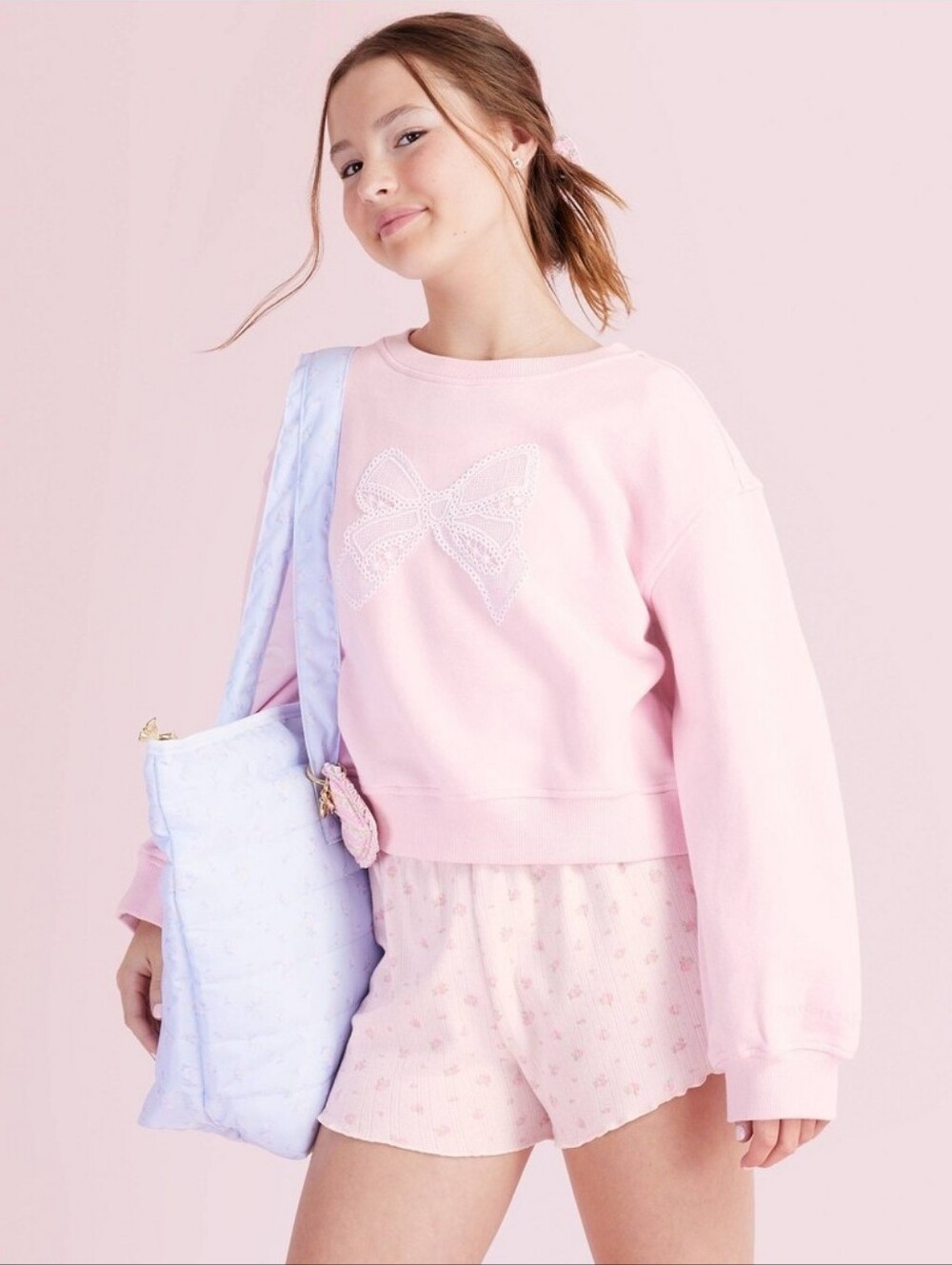New! LoveShackFancy Girls Rosie Ditsy Pink Bow Floral Pj Shorts Y2K Cottagecore